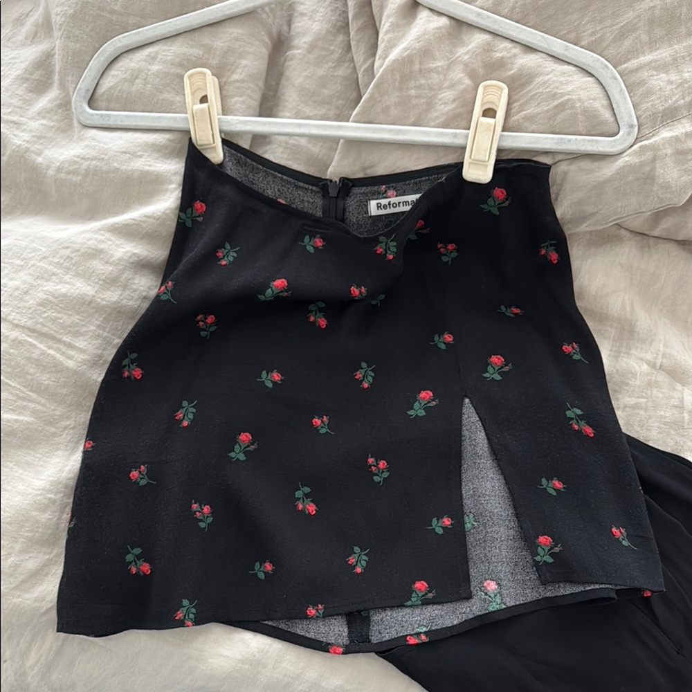 Reformation Black Mini Skirt with Red Floral Design